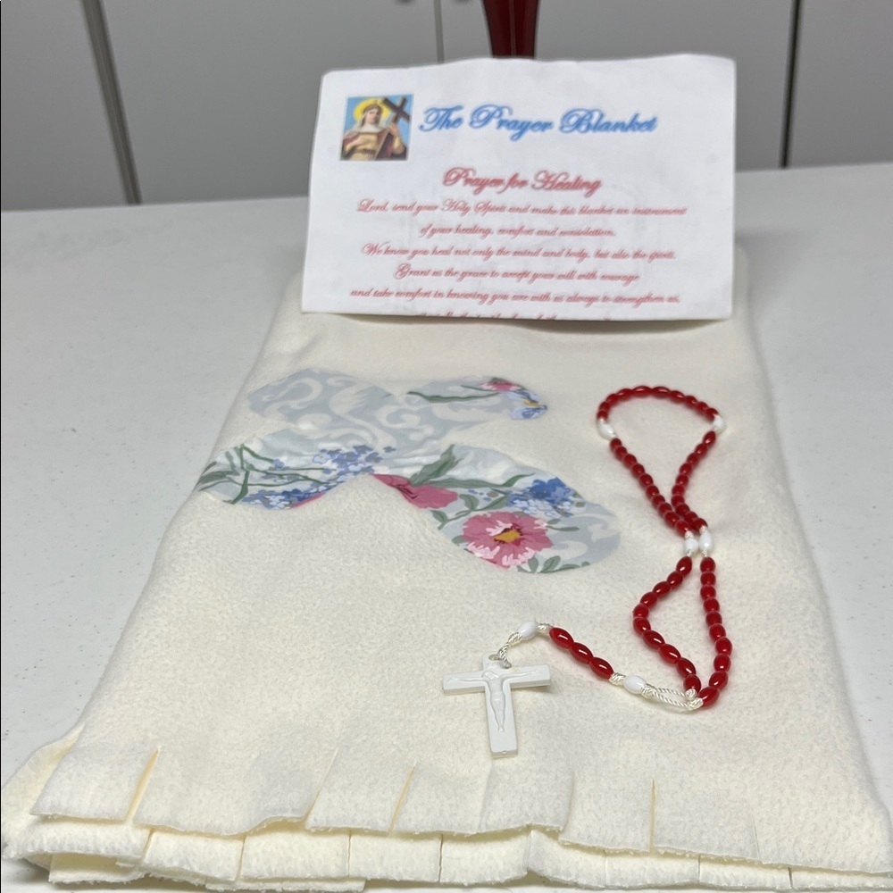 Prayer Blanket with Rosary Catholic Devotional Gift Cream Throw